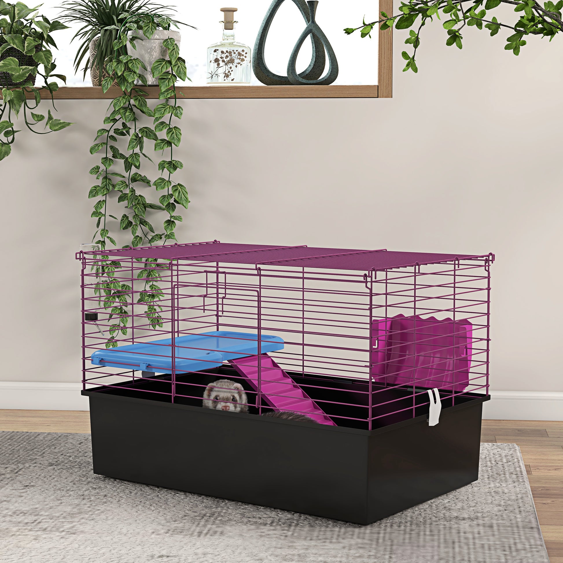 18.5" Small Animal Cage with Water Bottle, Food Dish, Platform, Ramp, Black