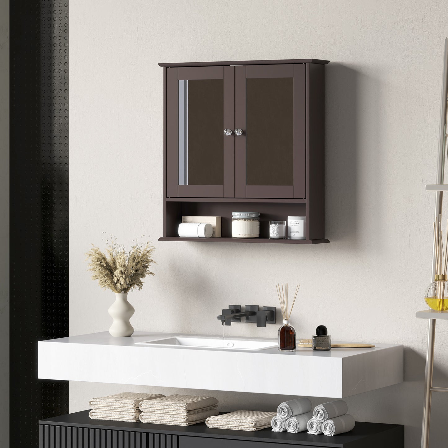 Medicine Cabinet, Wall-Mounted Bathroom Mirror Cabinet with Double Doors, Open Shelf, and Adjustable Shelf, Modern Bathr