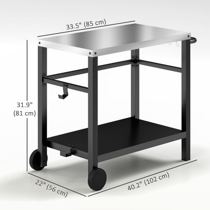 Outdoor Grill Dining Cart with Stainless Steel Tabletop, 2-Shelf BBQ Movable Pizza Oven Stand with Wheels, Charcoal Grey