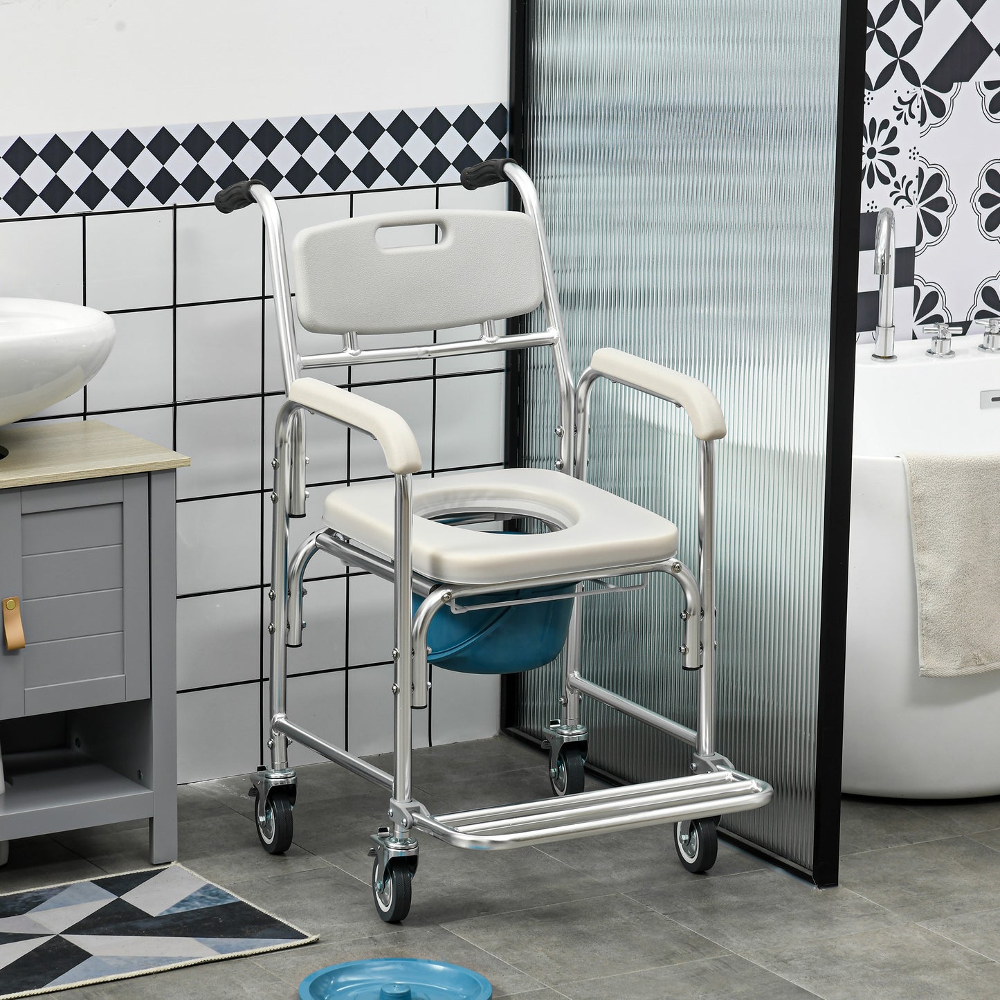 3-in-1 Shower Commode Wheelchair, Transport Beside Commode Chair with Padded Seat for the Elderly, Disabled