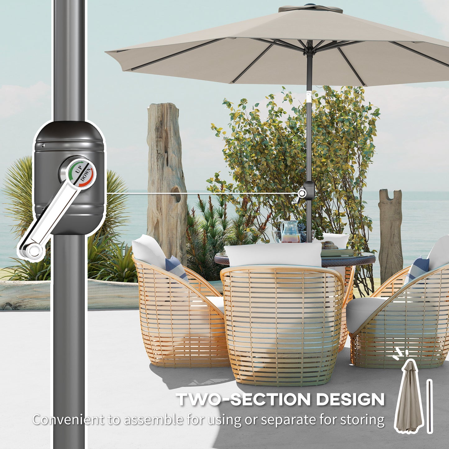 10' x 8' Round Market Umbrella, Patio Umbrella with Crank Handle and Tilt, Outdoor Parasol for Garden, Bench, Lawn, Ligh