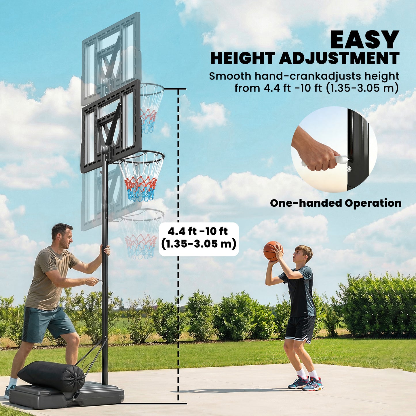 Soozier Basketball Hoop Stand Outdoor, 4.4–10 ft Single Hand Rotation Adjustable with Shatterproof Backboard & Weight Ba