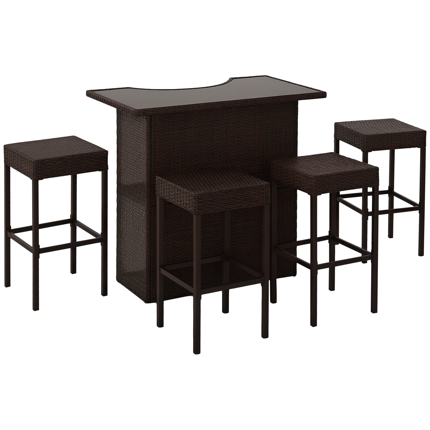 5 Pieces Patio Bar Set, Outdoor PE Rattan Wicker High Top Outdoor Table and Chairs Outdoor Bar Set with Tempered Glass T
