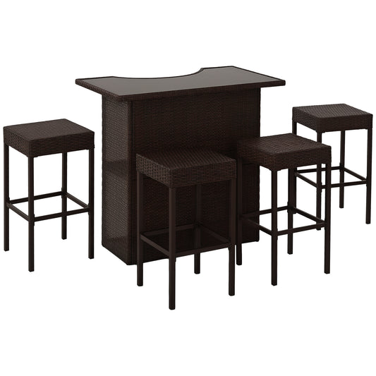5 Pieces Patio Bar Set, Outdoor PE Rattan Wicker High Top Outdoor Table and Chairs Outdoor Bar Set with Tempered Glass T