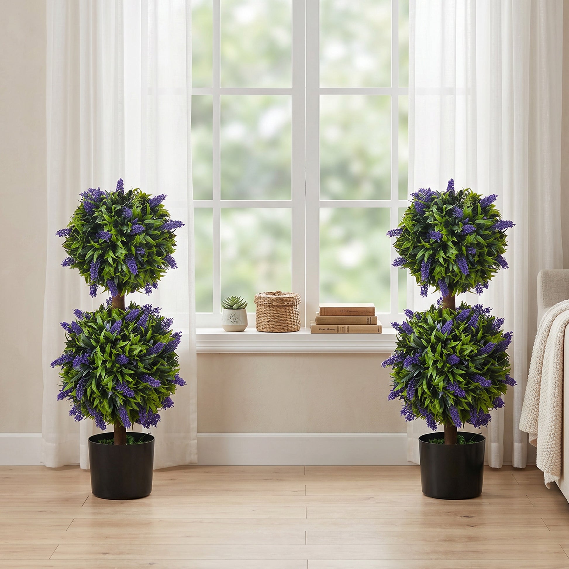 2.3ft Set of 2 Artificial Plants, Lavender Flowers Ball Trees with Pot, for Home Indoor Outdoor Decor