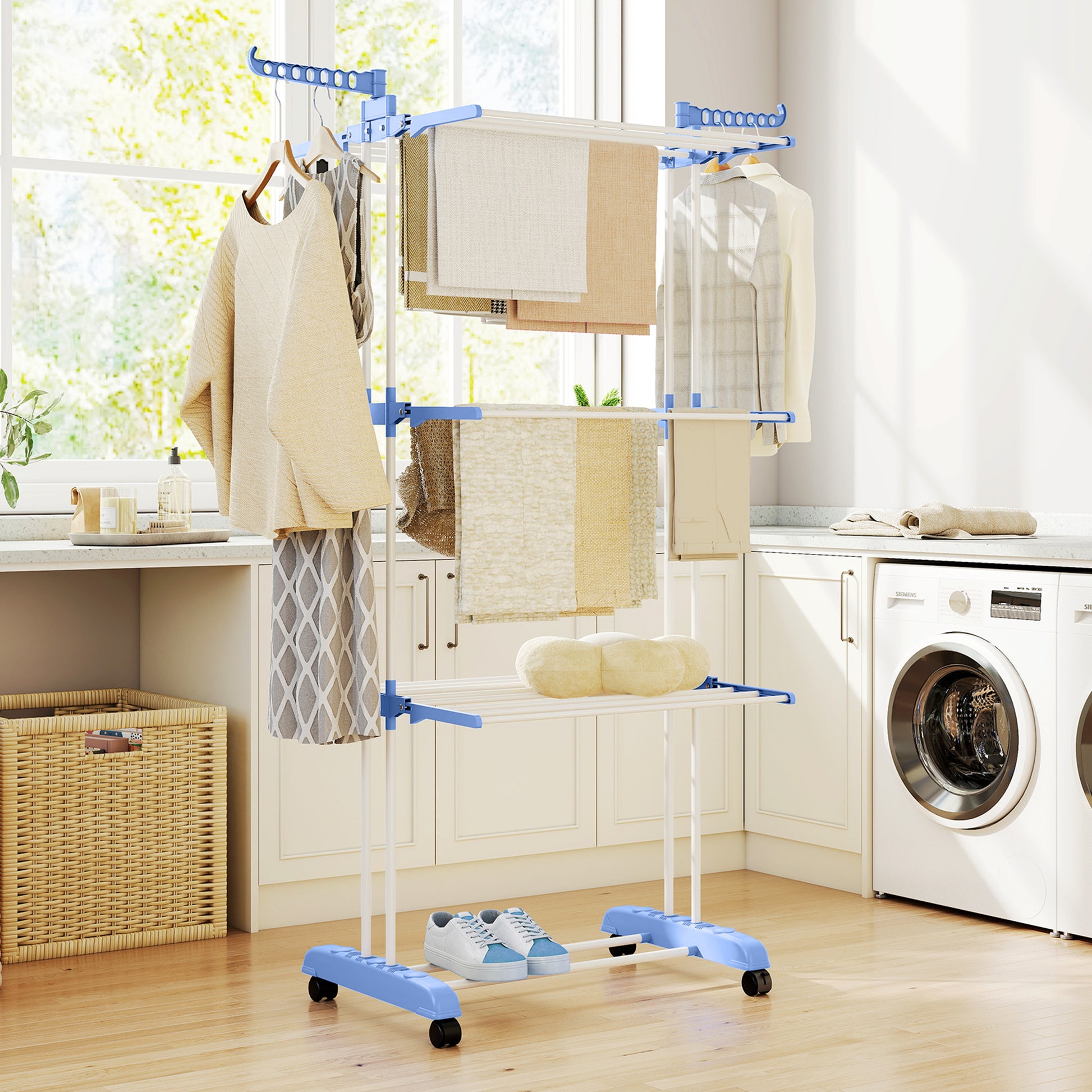Foldable Clothes Drying Rack, 4-Tier Steel Laundry Rack for Drying Clothes with 2 Side Wings and 4 Castors, Indoor and O