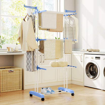 Foldable Clothes Drying Rack, 4-Tier Steel Laundry Rack for Drying Clothes with 2 Side Wings and 4 Castors, Indoor and O