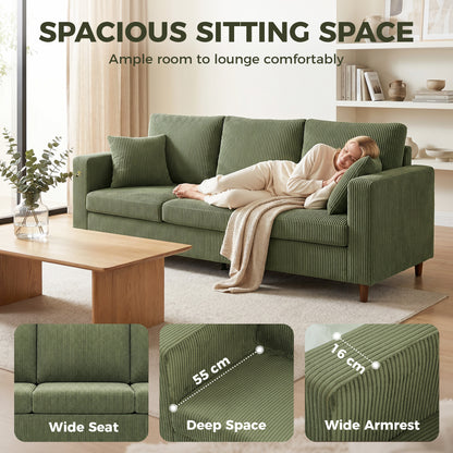 3 Seater Sofa with Wide Seat, Corduroy Couch with Deep Seat, Spring Cushion, Green