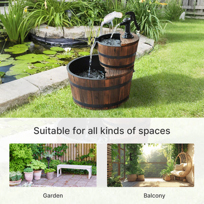 2-Tier Wooden Barrel Water Fountain with Electric Pump Cascading Feature Outdoor Indoor Decoration
