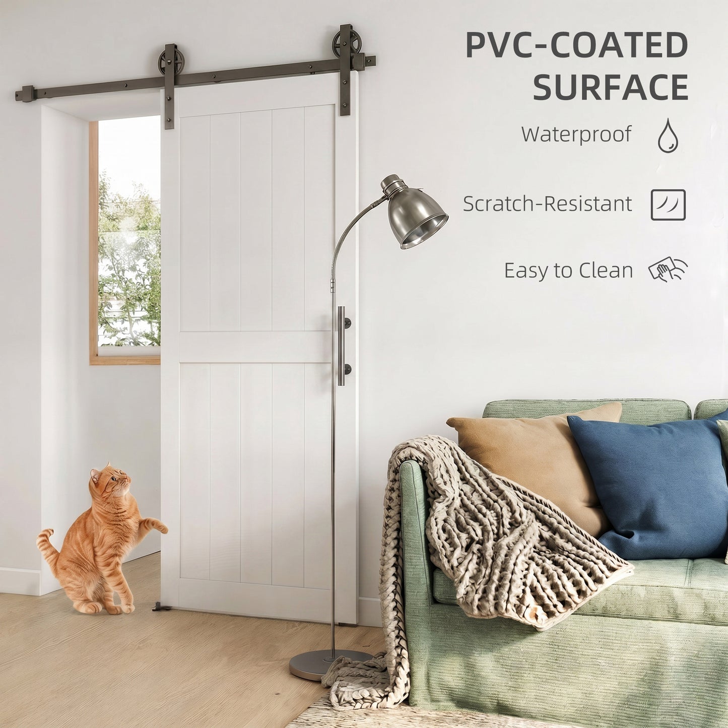 32inx84in Barn Door with 6FT Sliding Door Hardware Kit, Handle, Upgraded Rollers and Floor Guide, Waterproof, White