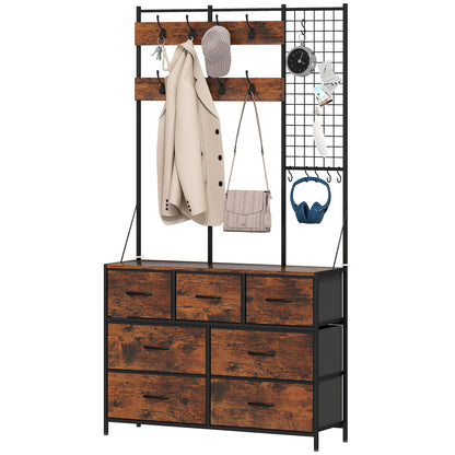 4-In-1 Coat Rack with 7 Drawer Fabric Dresser, Hall Tree with 14 Hooks for Hallway, Entryway, Bedroom, Rustic Brown