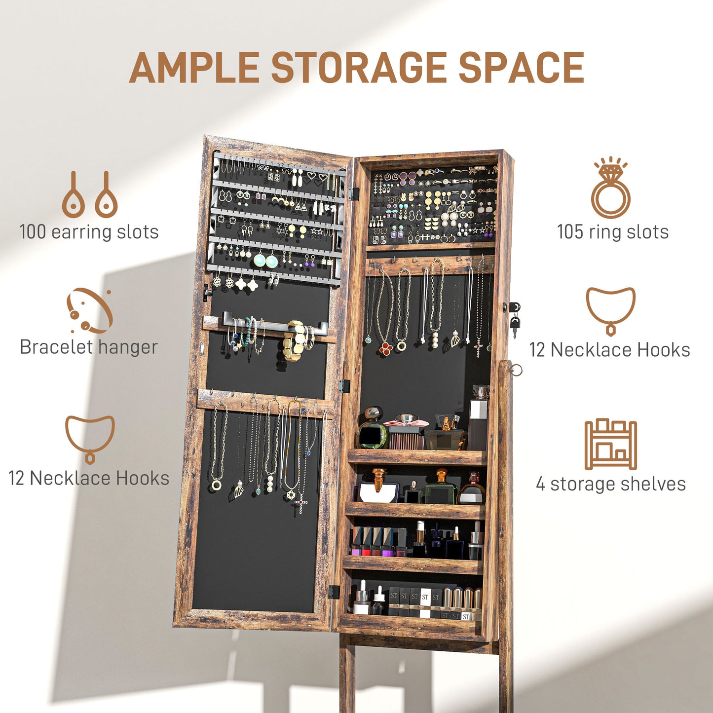 Lockable Mirror Jewelry Cabinet, Full-Length Mirror and Jewellery Storage with 3 Adjustable Angles, Rustic Brown