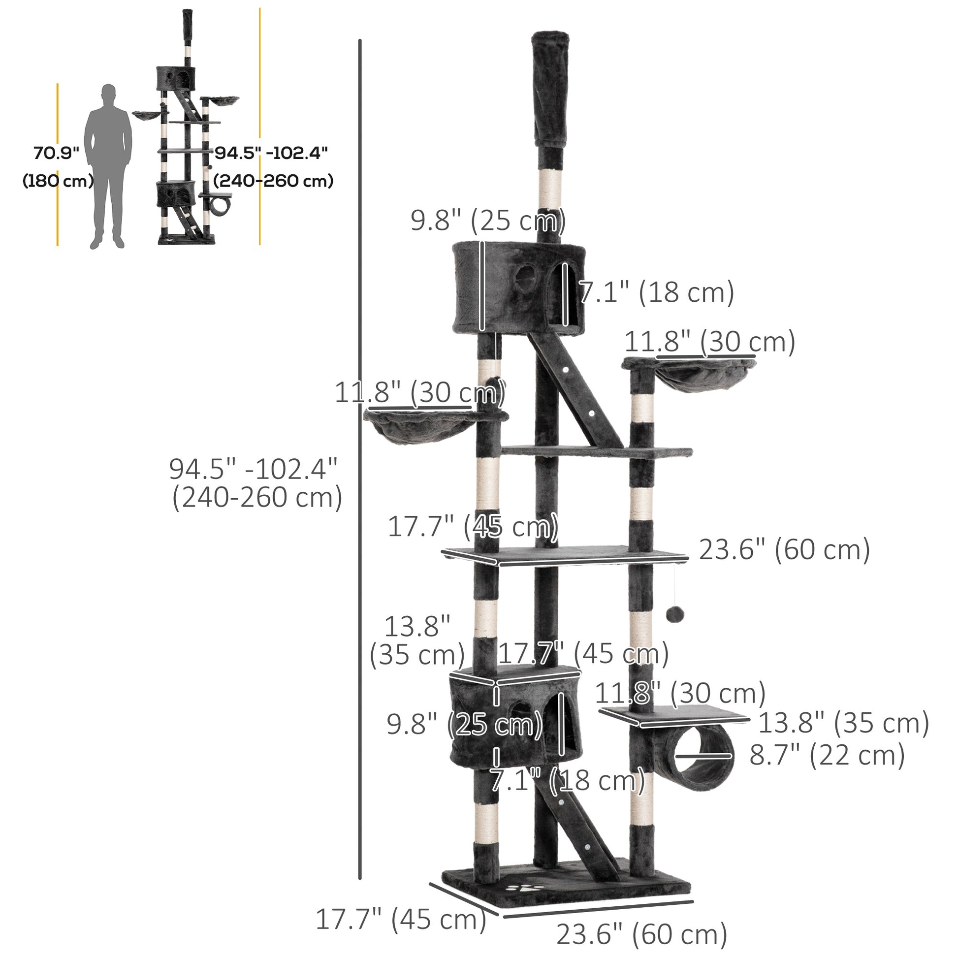 94"-102" Floor to Ceiling Cat Tree High Cat Condo Scratching Post Activity Center Multi-Level Play House Dark Grey