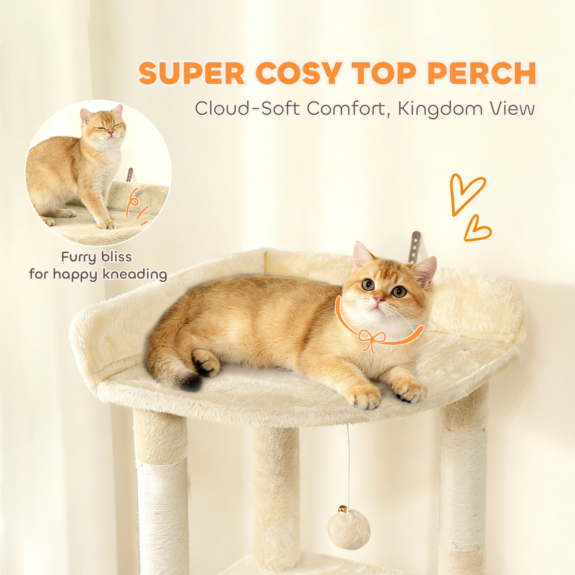 67" Large Cat Tree with 7 Scratching Posts, Tunnel, 2 Condos, Hammock, Perch, Ramp, Pompoms, Beige