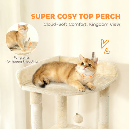 67" Large Cat Tree with 7 Scratching Posts, Tunnel, 2 Condos, Hammock, Perch, Ramp, Pompoms, Beige