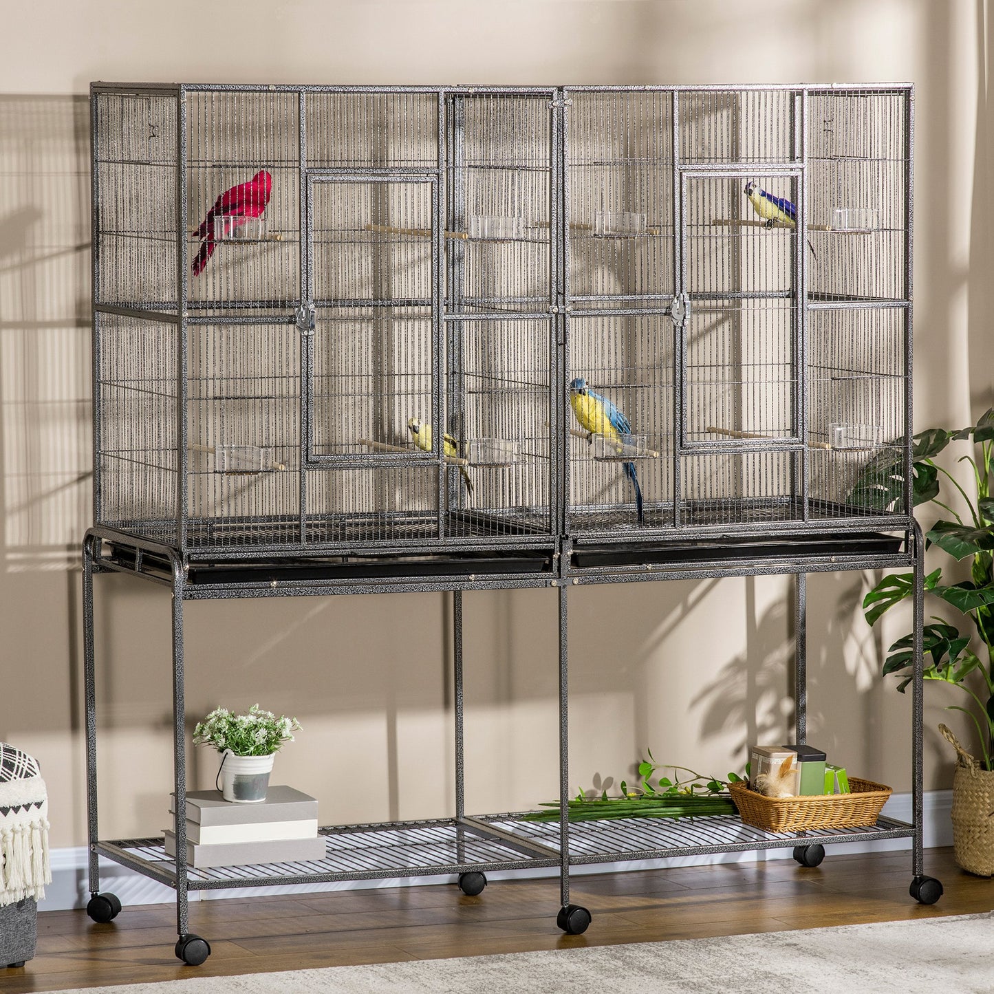 64" Extra Large Bird Cage, Rolling Metal Parrot Cage, Bird House with Detachable Rolling Stand, Storage Shelf, Wood Perc