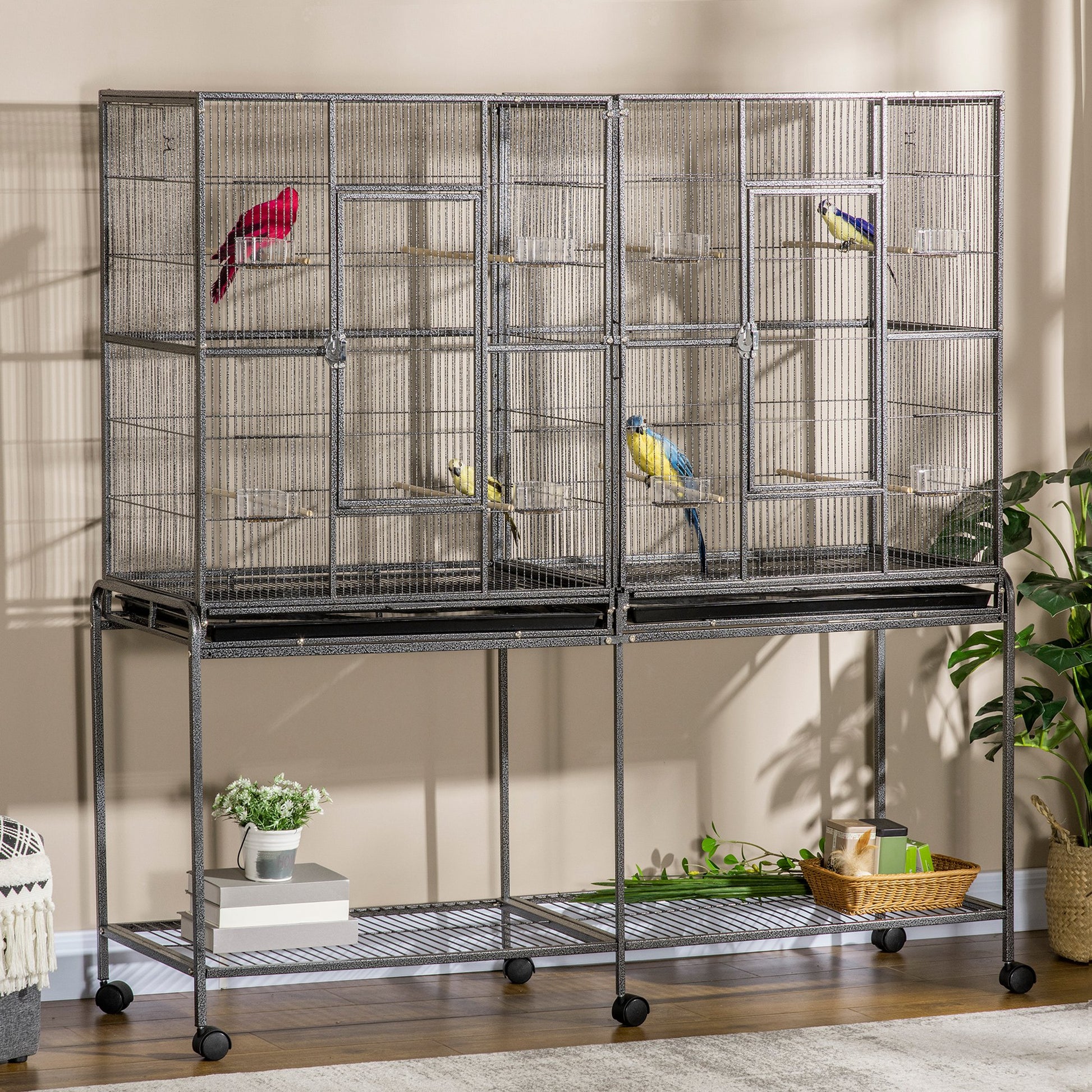 64" Extra Large Bird Cage, Rolling Metal Parrot Cage, Bird House with Detachable Rolling Stand, Storage Shelf, Wood Perc