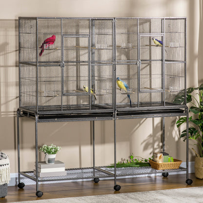 64" Extra Large Bird Cage, Rolling Metal Parrot Cage, Bird House with Detachable Rolling Stand, Storage Shelf, Wood Perc