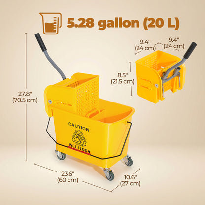 Compact Mop Bucket with Wringer, Mop Bucket on Wheels, 5 Gallon, Separate Dirty and Clean Water, Yellow