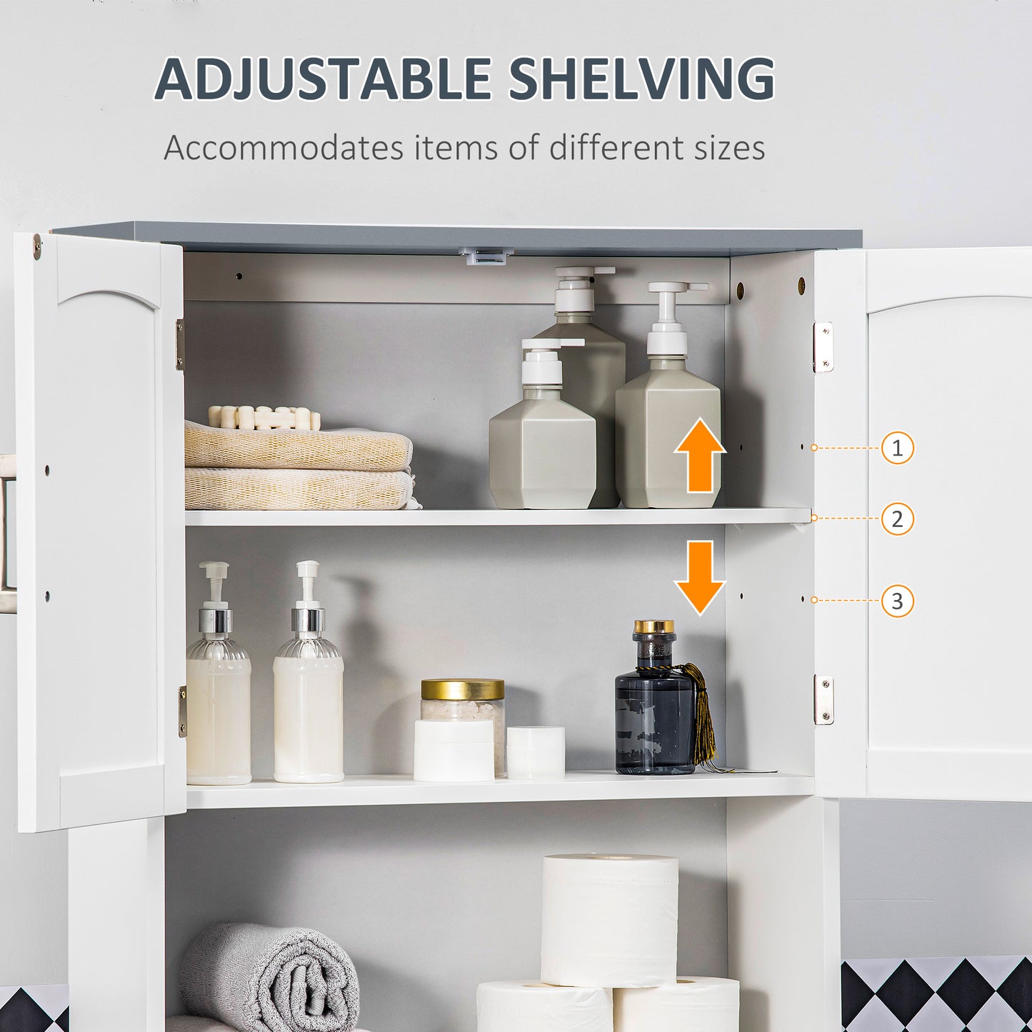 Modern Over The Toilet Storage Cabinet, Double Door Over Toilet Bathroom Organizer with Adjustable Shelf and Open Shelf,