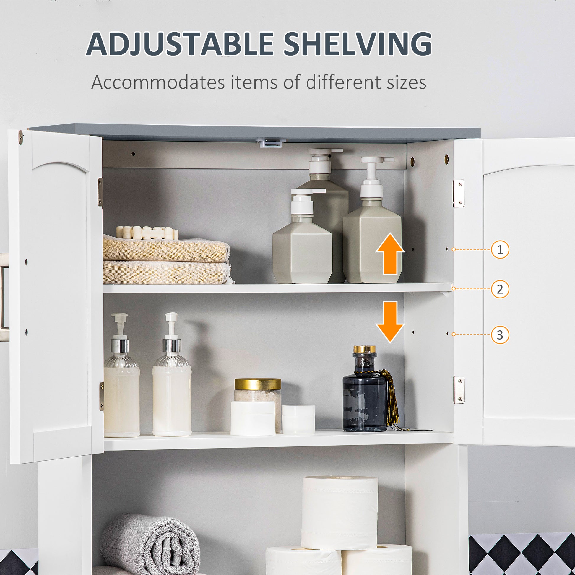 Modern Over The Toilet Storage Cabinet, Double Door Over Toilet Bathroom Organizer with Adjustable Shelf and Open Shelf,