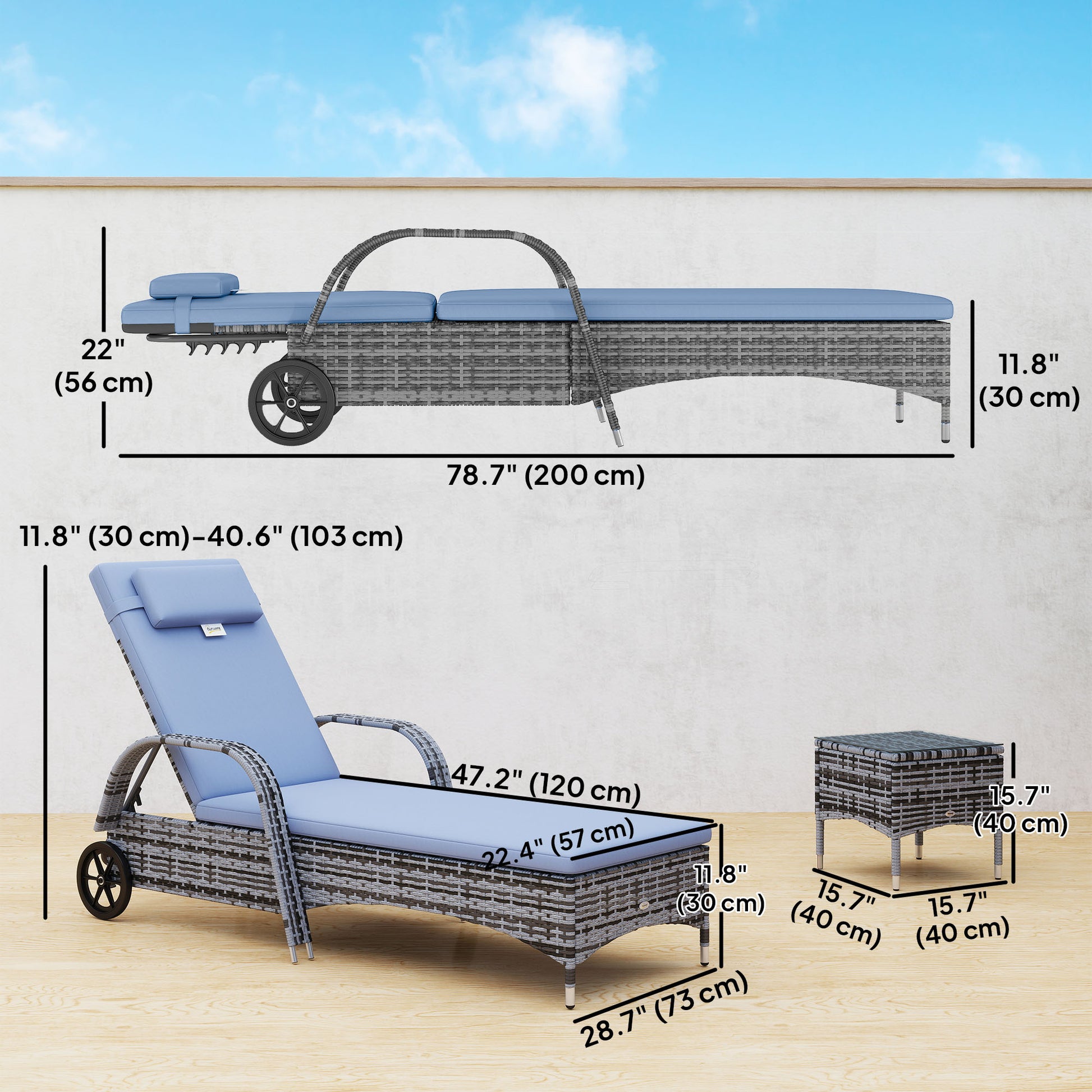 3 Pieces Wicker Patio Lounger Set with Table, PE Rattan Outdoor Lounge Chair Set with Cushions, Wheels, 5-Level Reclinin