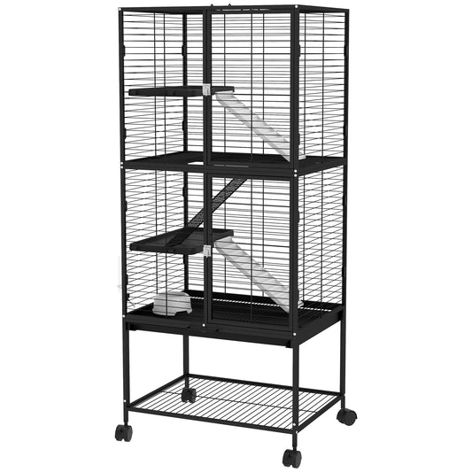 Rolling Small Animal Cage 53.5"H Chinchilla Cage for Ferrets, Squirrels w/ Removable Tray, Storage Shelf, Black