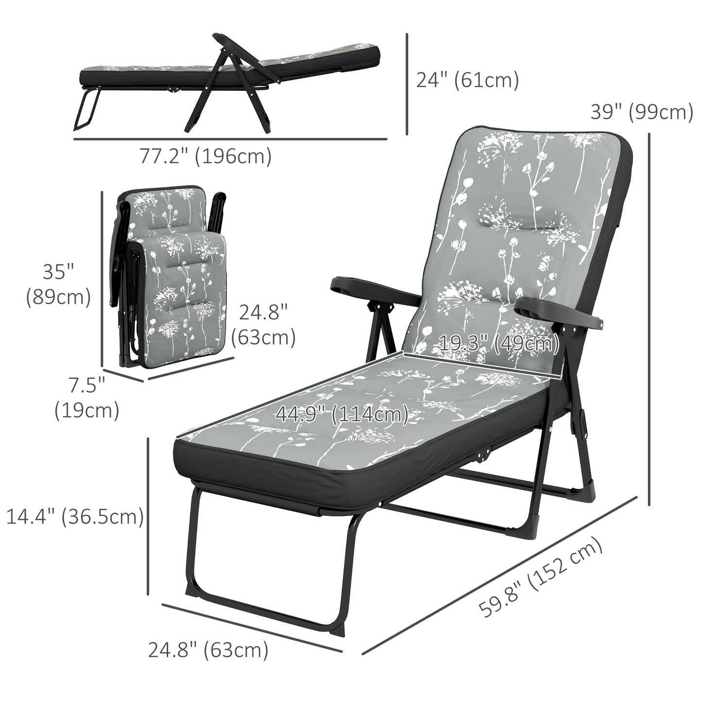 Outdoor Lounge Chair with Padded Cushion, Folding Reclining Patio Garden Chair with Recline Back, Footrest, for Poolside