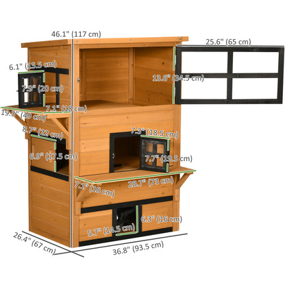 Cat House, Outdoor 3-Tier Kitty Shelter, Weather Resistant, w/ Escape Door