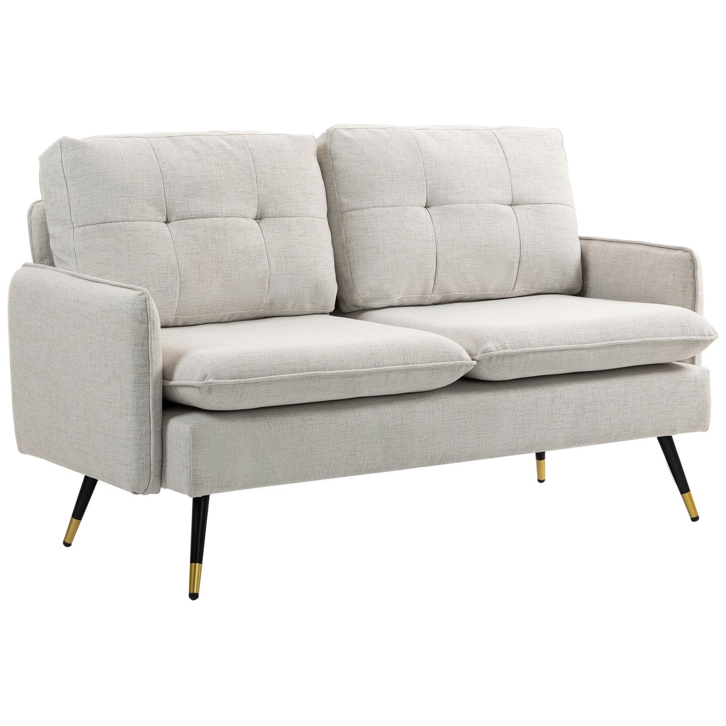 55" Loveseat Sofa, Linen Love Seat w/ S spring, Steel Legs and Button Tufting, Small Couch for Living Room, Cream White