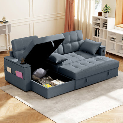 Convertible Sectional Sofa Bed, Pull Out Sleeper Sofa Couch with USB‑A+C, Chaise Storage, L-Shaped Futon Couch, Dark Gre