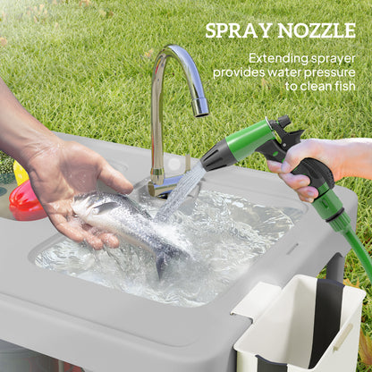 Folding Fish Cleaning Table with Sinks, Camping Sink with Faucet Drainage Hose Sprayer Shelf, Grey