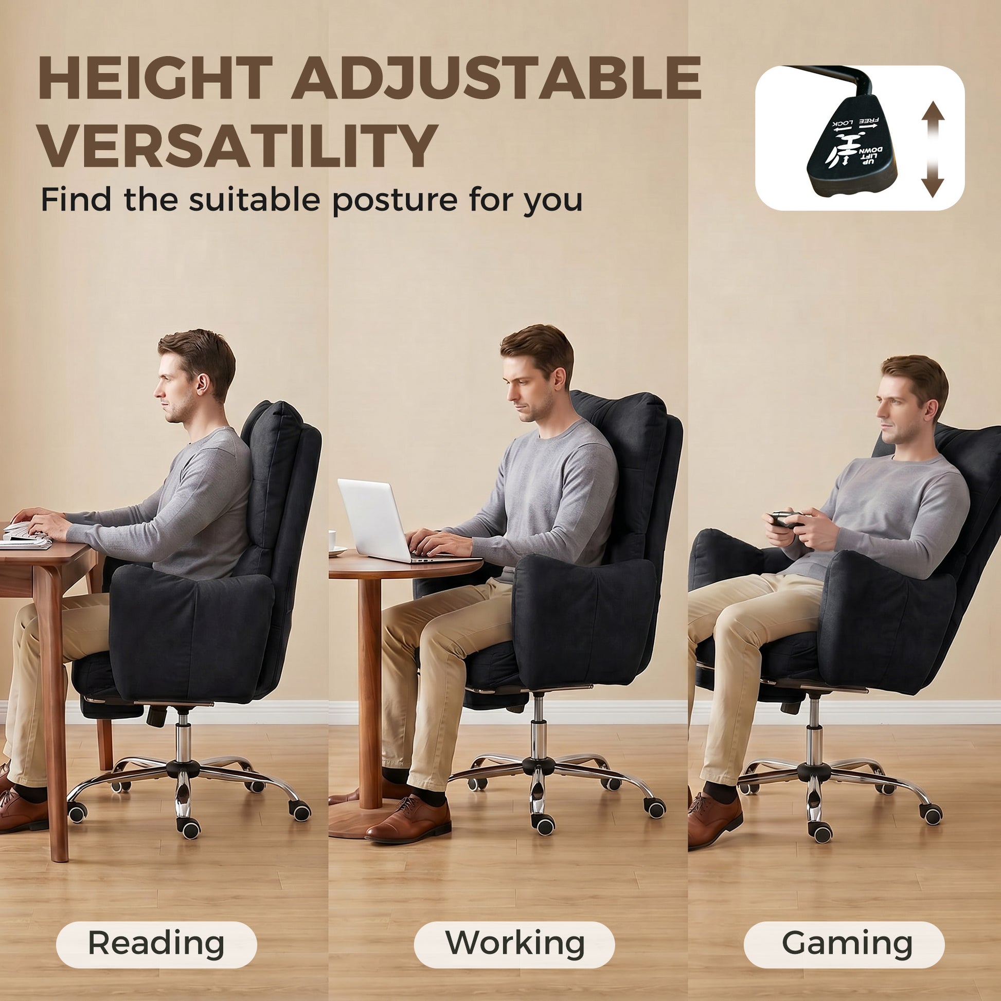 Office Chair with Foot Rest, Ergonomic Reclining Computer Gaming Chair w/ Snow Flannel Fabric, Thick Cushion, Black