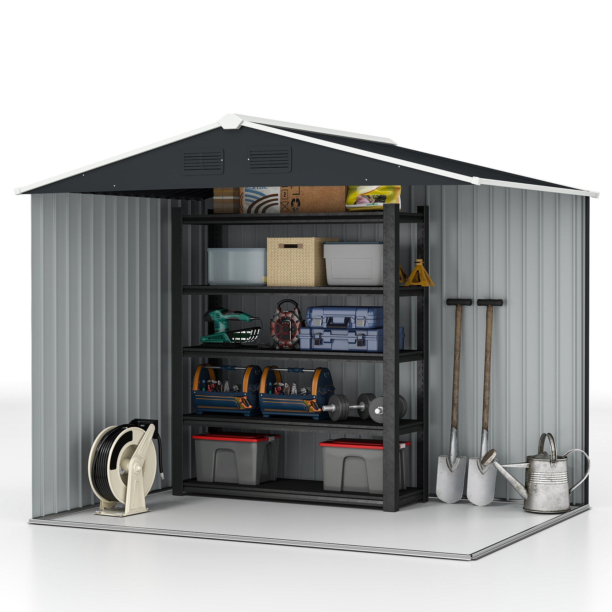 8' x 6' Outdoor Storage Shed, Metal Garden Tool Storage House with Lockable Sliding Doors and Vents for Backyard Patio L