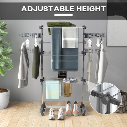 3-Tier Foldable Clothes Drying Rack, Stainless Steel Laundry Rack with 2 Side Wings and 6 Castors, Collapsible Adjustabl