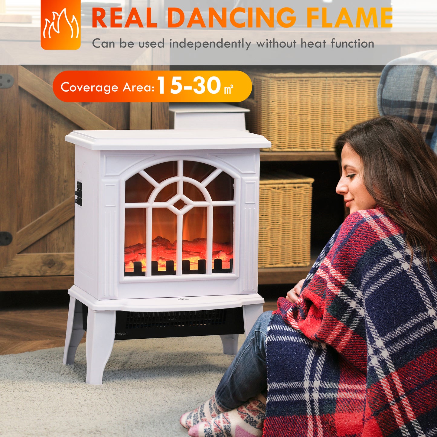 Electric Fireplace Heater, Freestanding Fireplace Stove with Realistic Flame and Overheat Protection, 750W/1500W, White