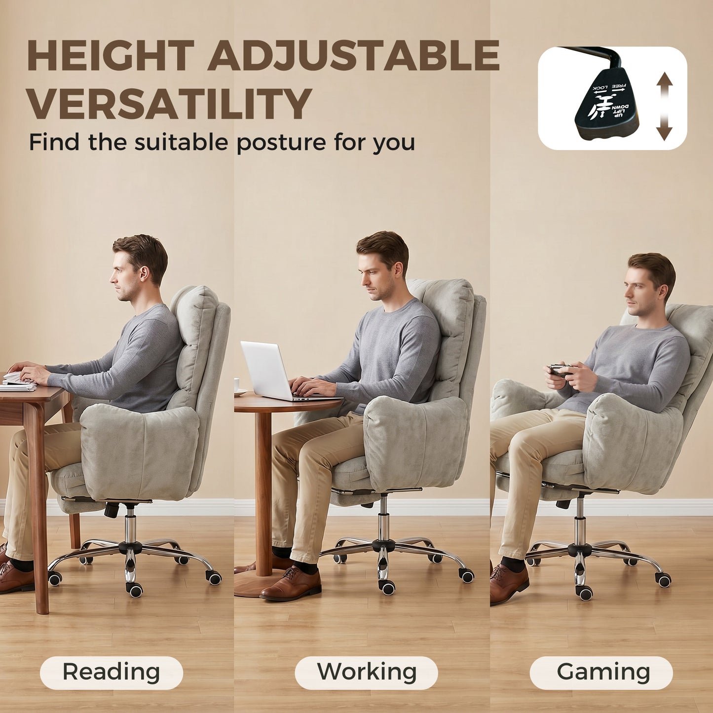 Office Chair with Foot Rest, Ergonomic Reclining Computer Gaming Chair w/ Snow Flannel Fabric, Thick Cushion, Light Grey