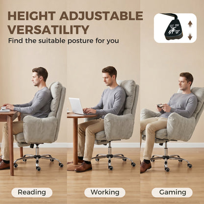 Office Chair with Foot Rest, Ergonomic Reclining Computer Gaming Chair w/ Snow Flannel Fabric, Thick Cushion, Light Grey
