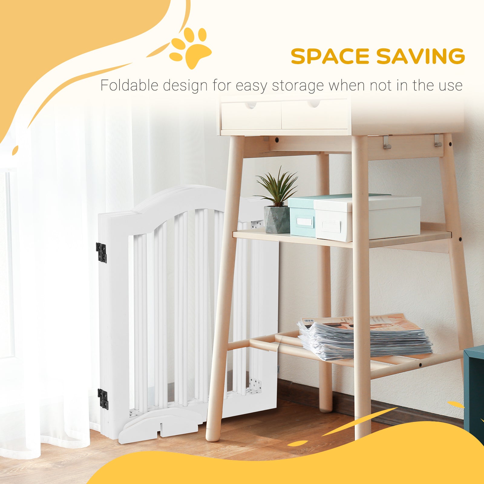 24"H Foldable Dog Gate, 3 Panels Freestanding Pet Gate Barriers Indoor with Support Feet, Puppy Fence for Small Dogs, Wh