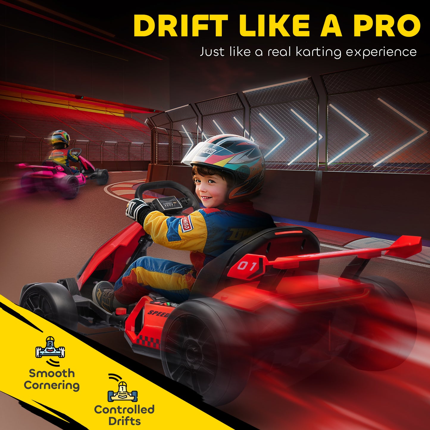 VarietyKart 24V Electric Go Kart, Battery Powered Kids Drift Kart with Adjustable Seat, Seat Belt, Horn, Music, Light, R