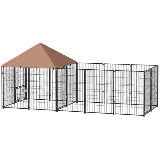 Outdoor Dog Kennel with Rotating and Adjustable Height Bowls, Waterproof UV-Resistant Cover, 11.3' x 4.7' x 5.1'