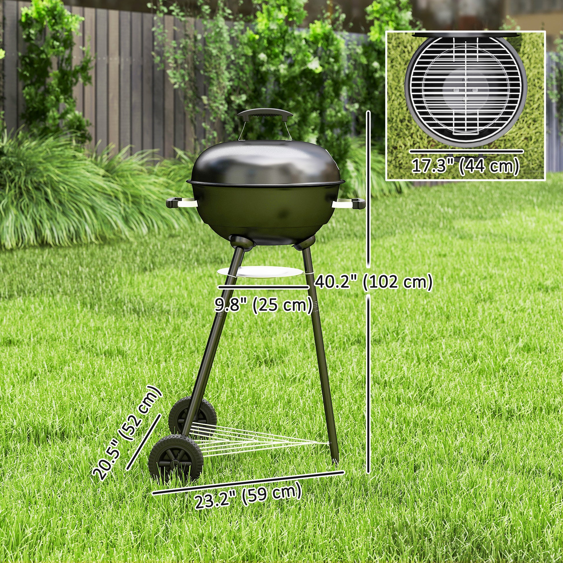 17" Kettle Charcoal BBQ Grill with BBQ Accessories, Barbecue Grill with Shelf, Ash Catcher, Wheels, Handles for Outdoor 