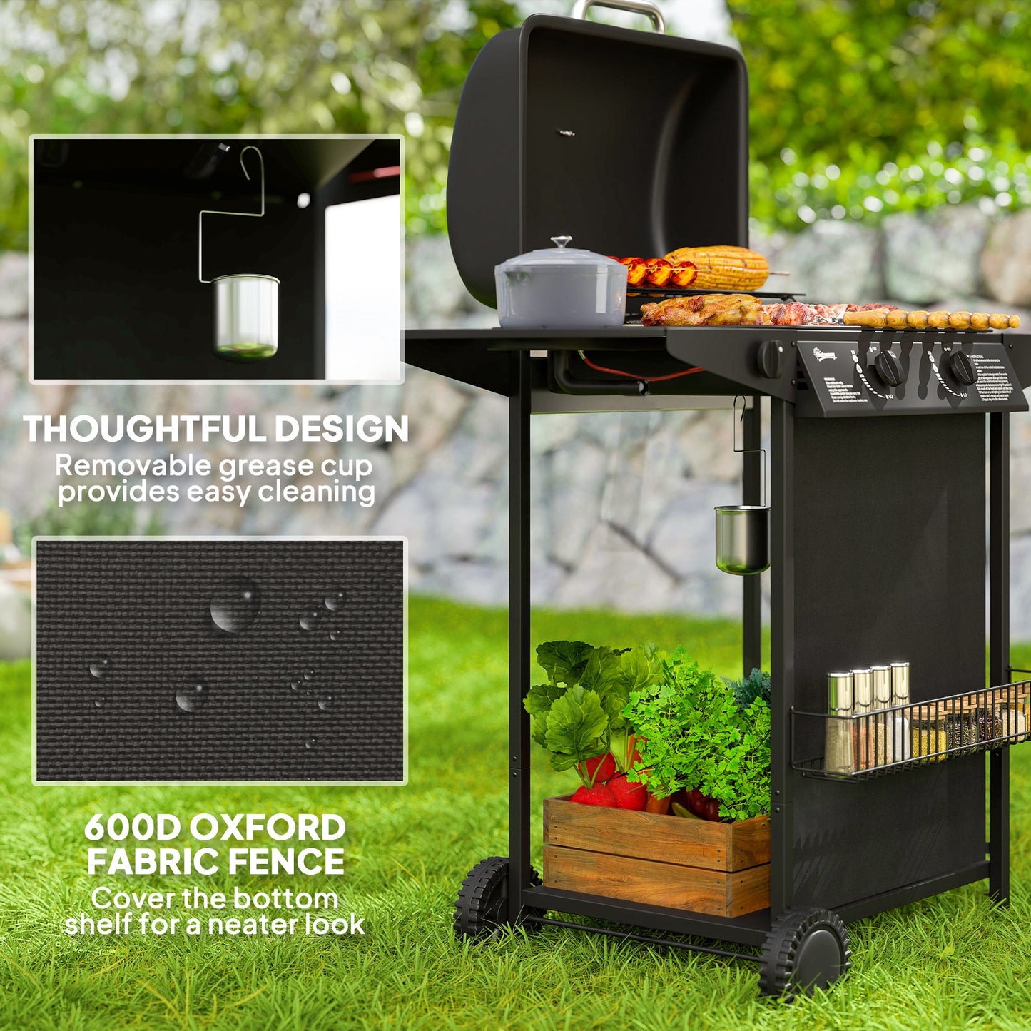 2+1 Burner Propane Gas BBQ Grill, Portable Gas Barbecue Grill with Side Burner, Thermometer, Lid, Side Table, Shelf, Spi