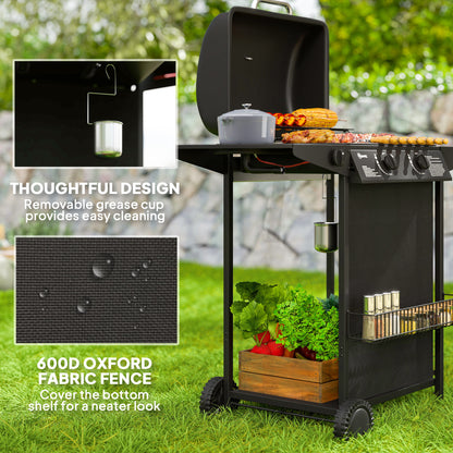 2+1 Burner Propane Gas BBQ Grill, Portable Gas Barbecue Grill with Side Burner, Thermometer, Lid, Side Table, Shelf, Spi