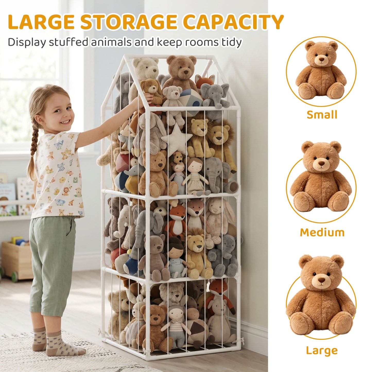 Qaba Stuffed Animal Storage Organizer, Teddy Toy Storage Organizer with Waterproof Bottom for Playroom, Nursery, 47x47x1