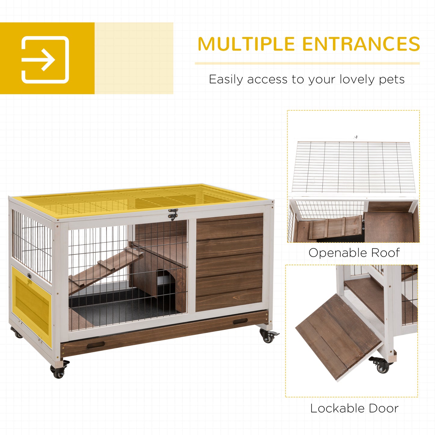 Wooden Indoor Rabbit Hutch Elevated Bunny Cage Habitat with Enclosed Run with Wheels, Ideal for Rabbits and Guinea Pigs,