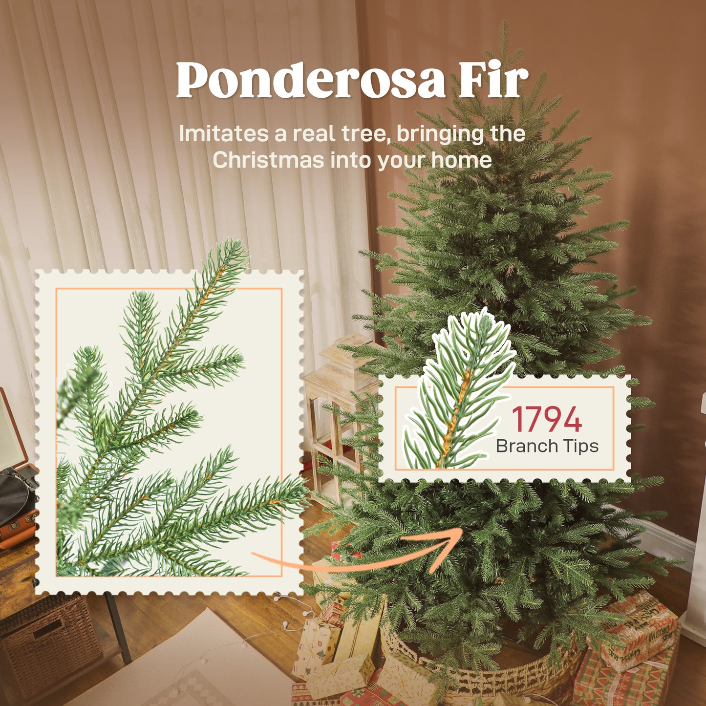 6 ft Artificial Christmas Tree with Dense Realistic Branches, Full Ponderosa Fir, Hinged Xmas Tree, Easy Assembly
