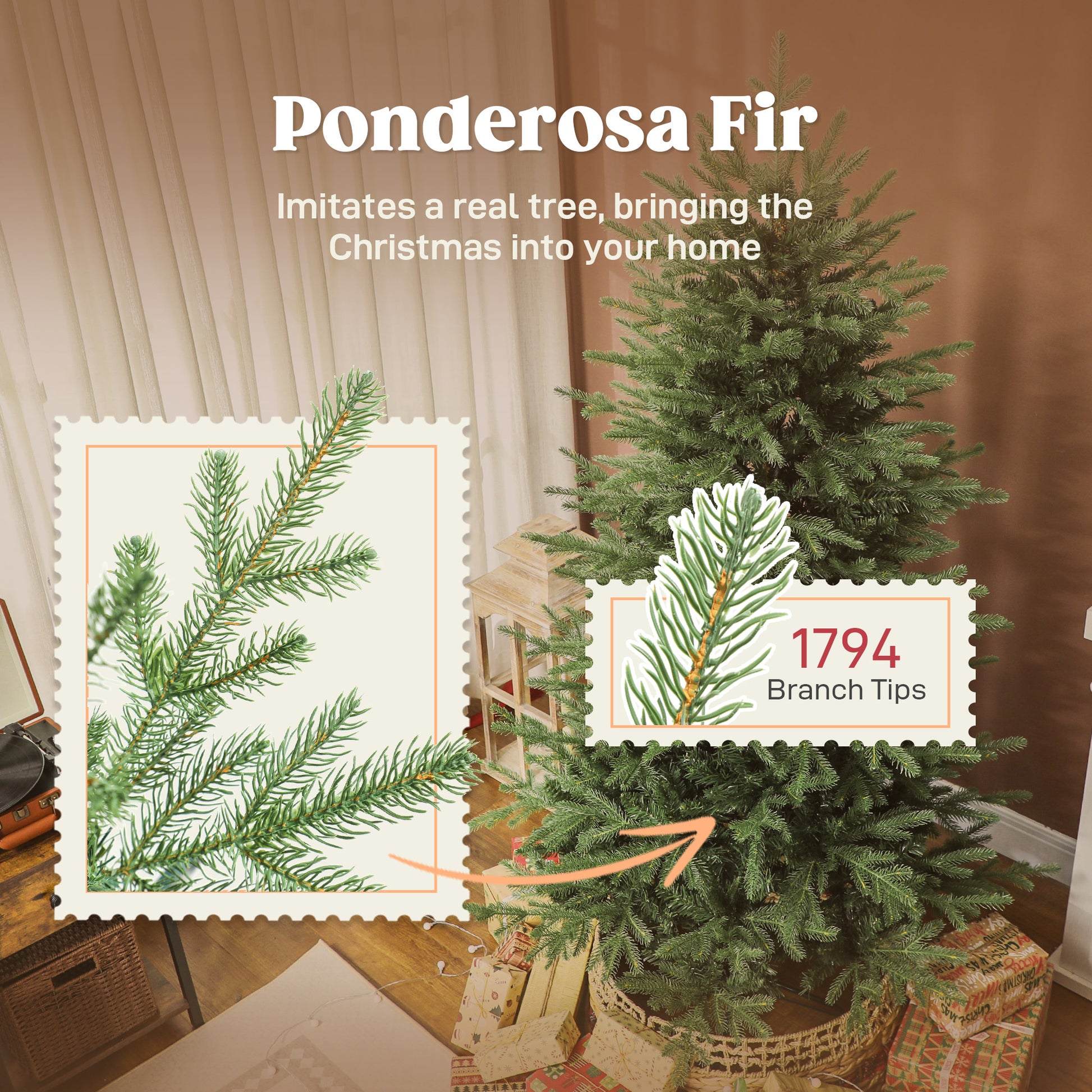 6 ft Artificial Christmas Tree with Dense Realistic Branches, Full Ponderosa Fir, Hinged Xmas Tree, Easy Assembly