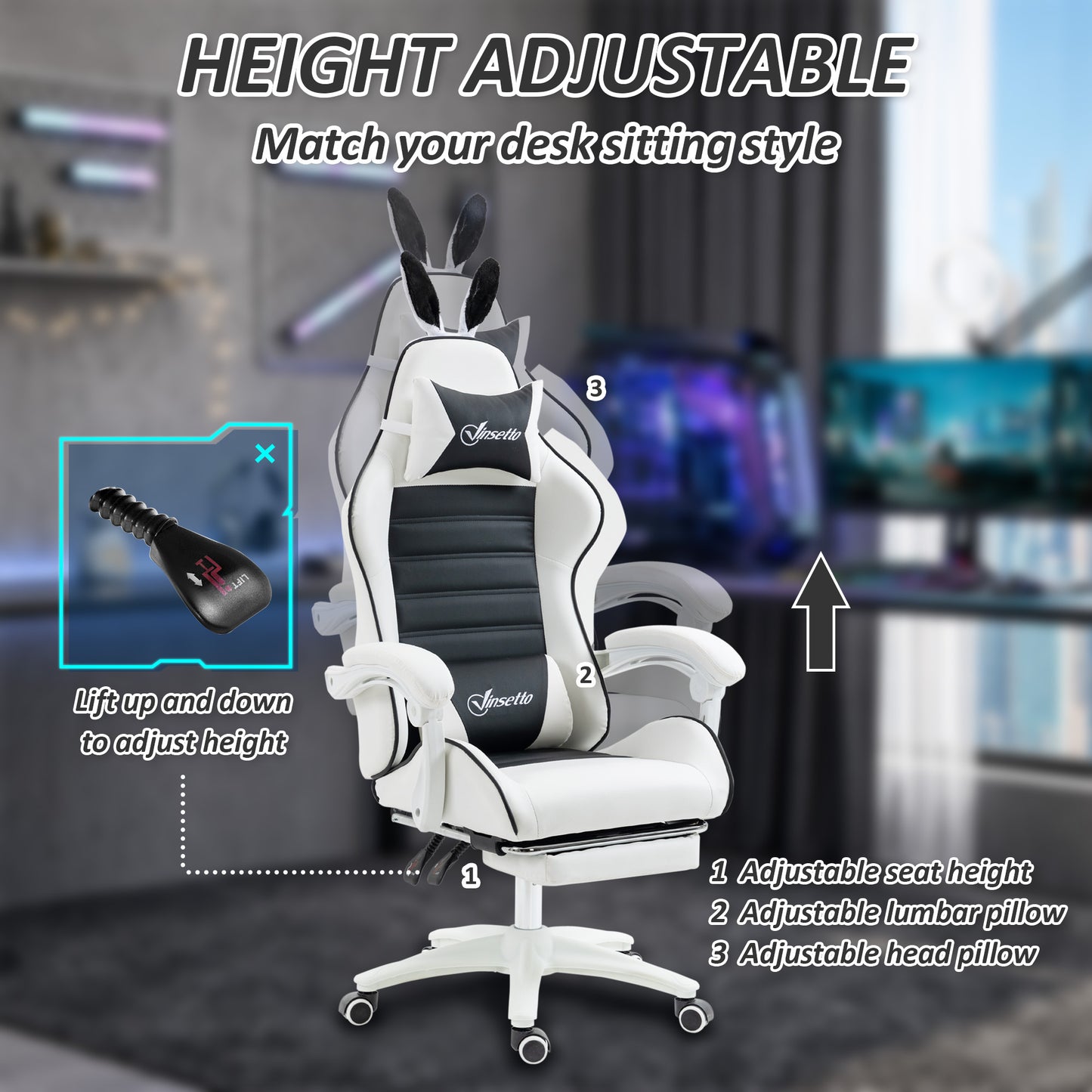 Cute Racing Gamer Chair, PU Leather Gaming Chair with Footrest, Headrest and Lumbar Support, Black