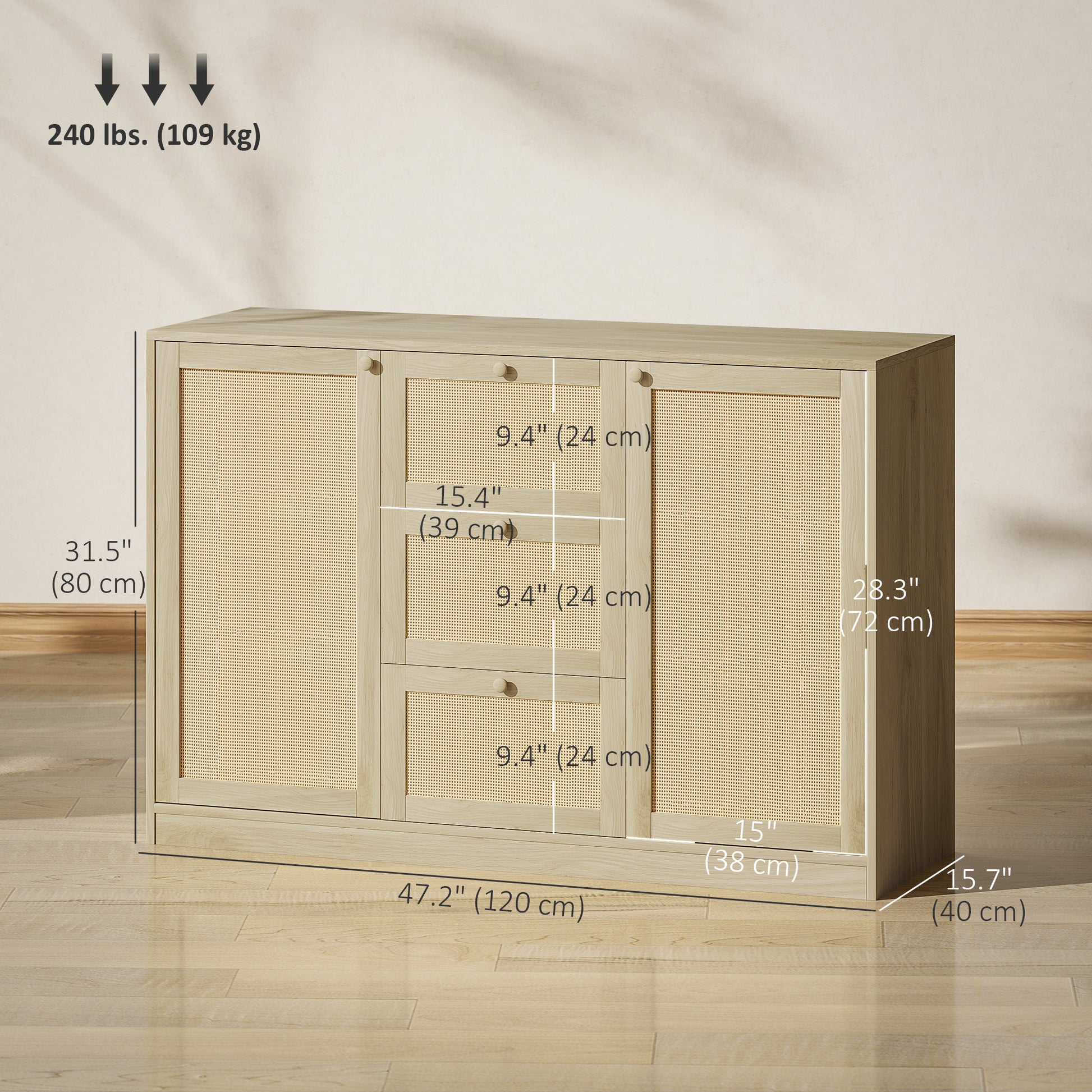 Boho Sideboard Buffet Cabinet, Kitchen Coffee Bar Cabinet with 3 Drawers, 2 Adjustable Shelves and 4 Racks, Natural